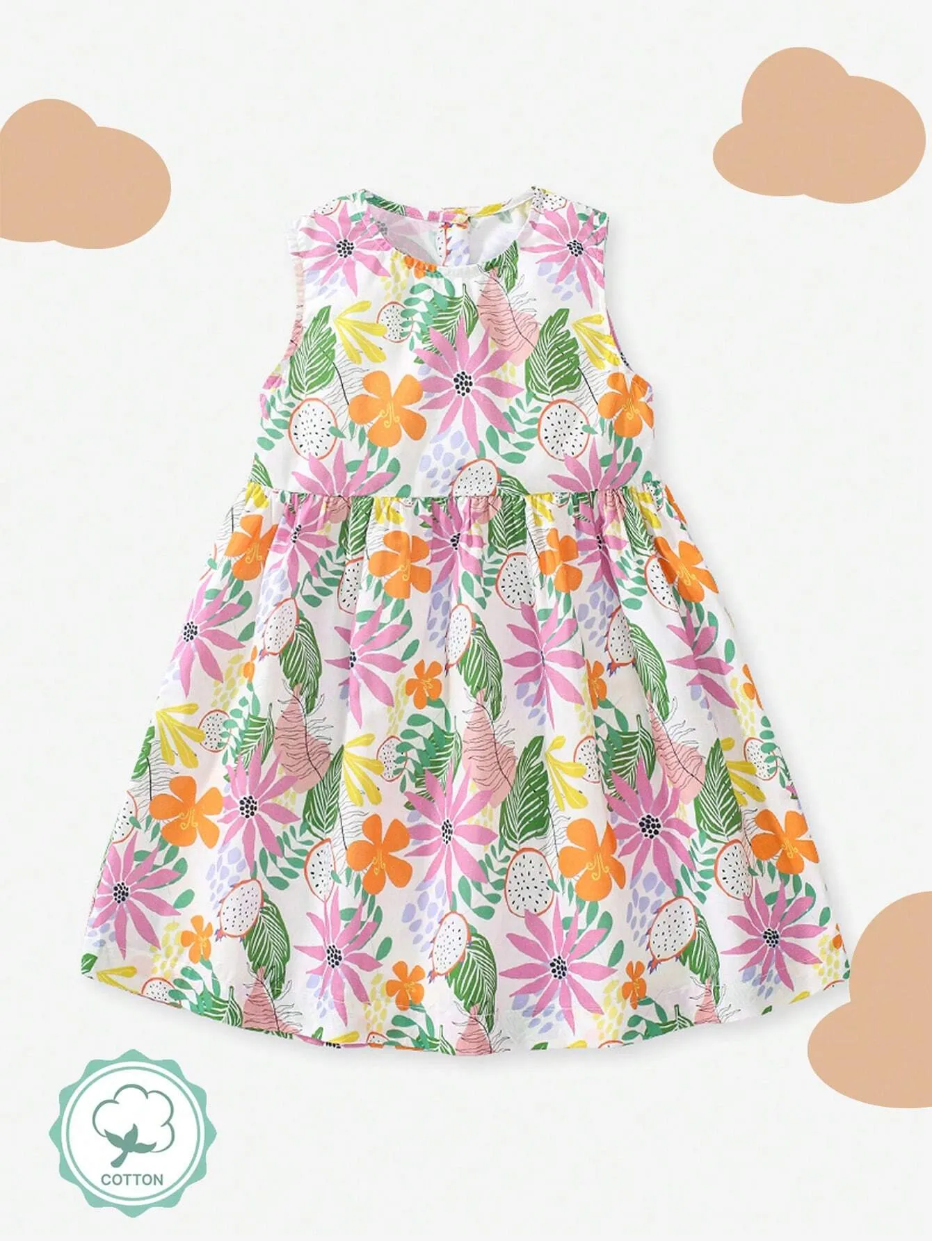 1pc Young Girls' Trendy European And American Style Tropical Plant Printed Sleeveless Dress For Summer