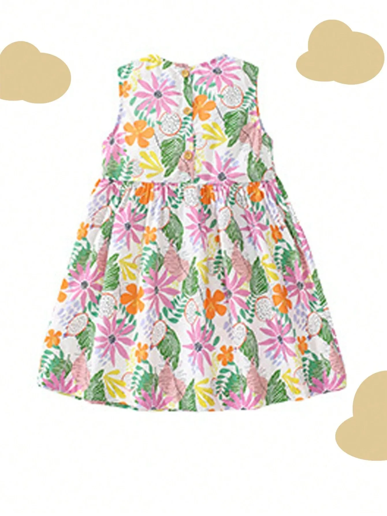 1pc Young Girls' Trendy European And American Style Tropical Plant Printed Sleeveless Dress For Summer