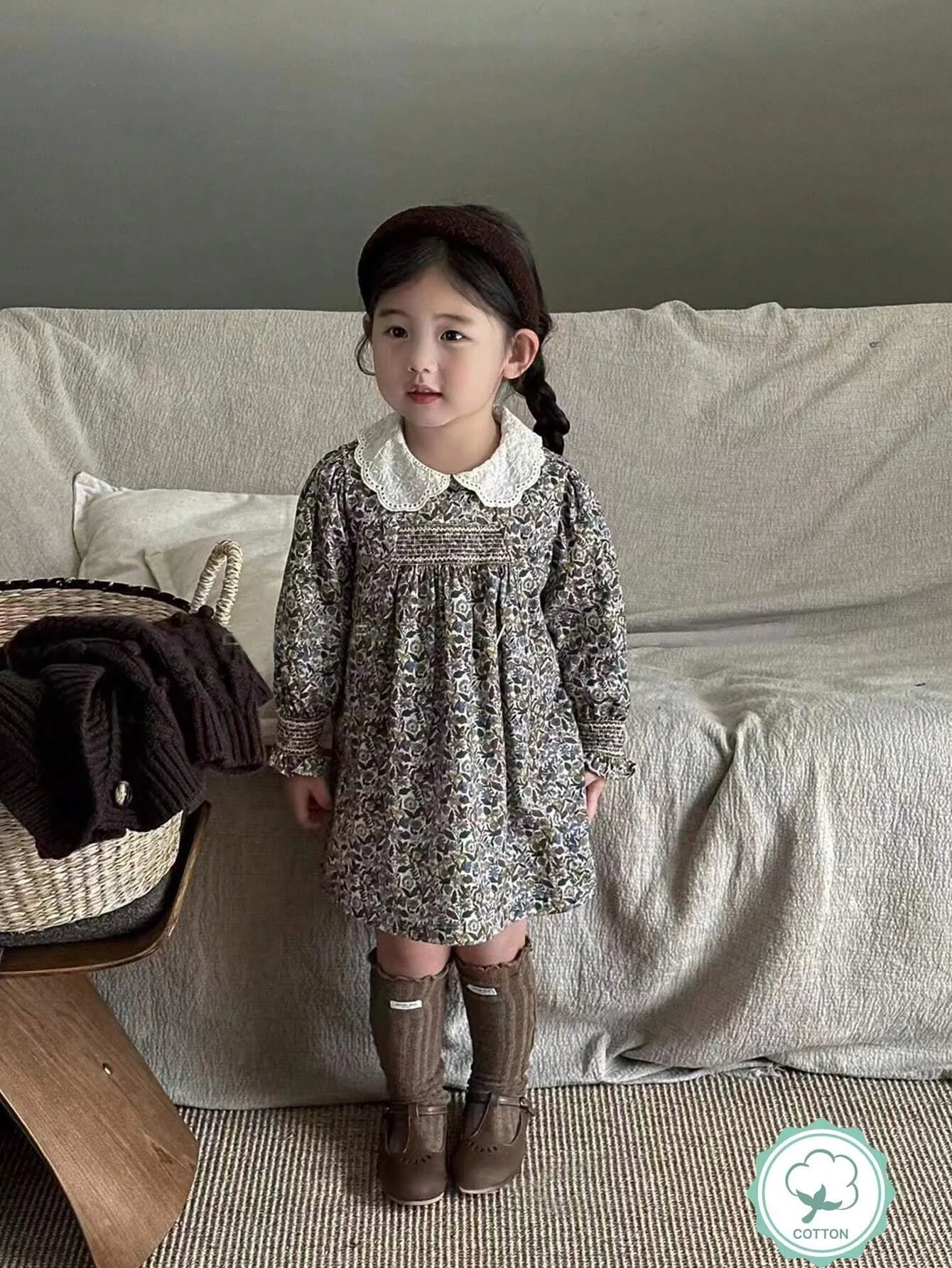 1pc Young Girls' Vintage-Inspired Long Sleeve Dress With Ruffles & Floral Print For Spring