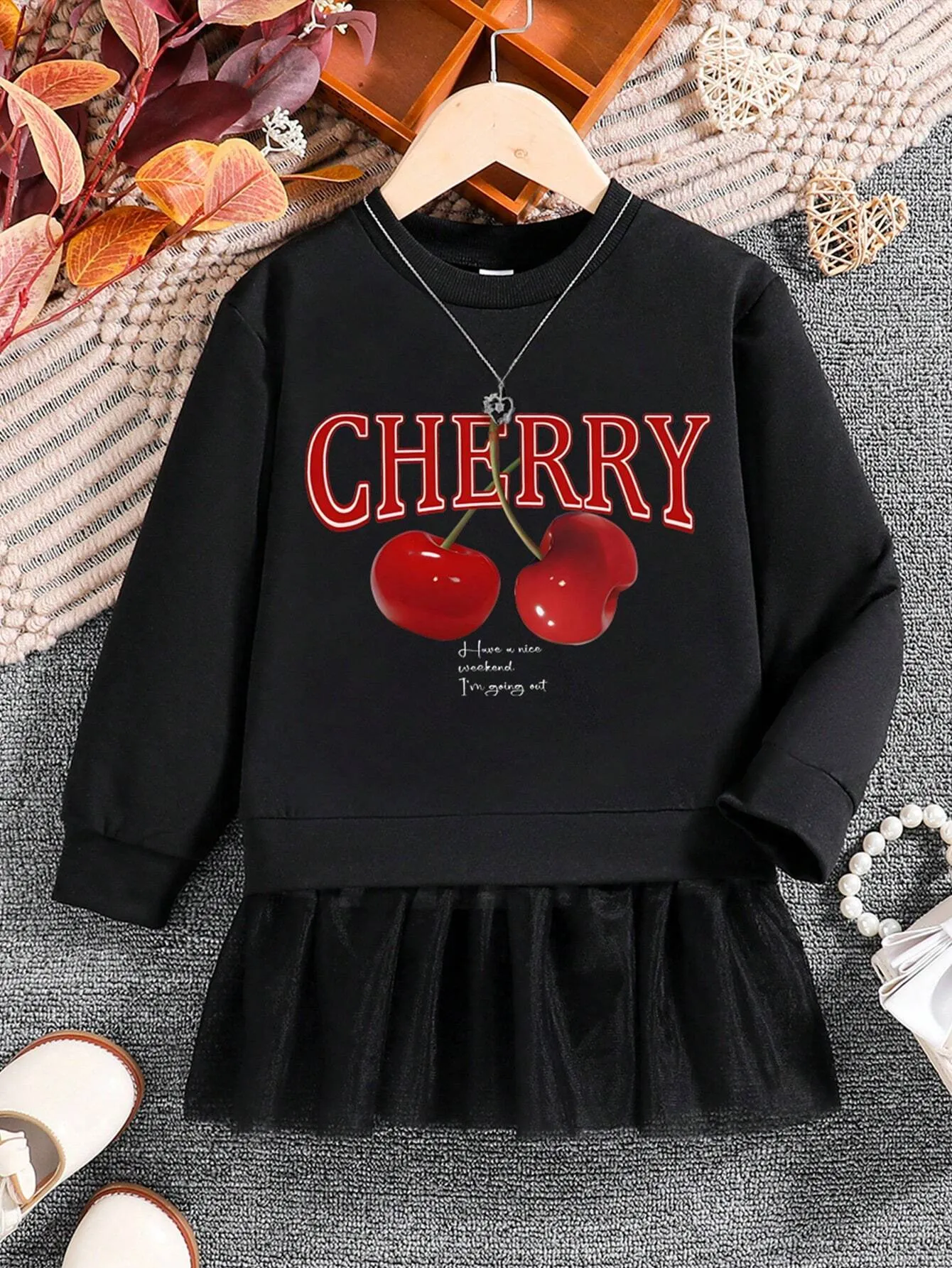 2-In-1 Cherry Print Mesh Hoodie Dress For Young Girls