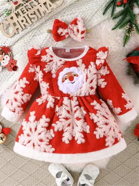 2-Piece Christmas 2024 Girls Plush Warm Cartoon Santa Claus Print Long Sleeve Dress   Headband Set, Winter