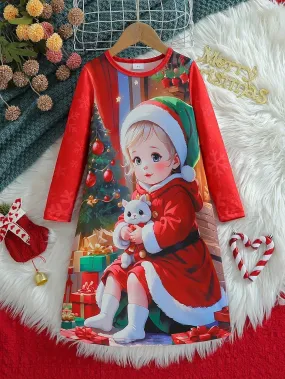 2024 Girls Cartoon Christmas Graphic Print Long Sleeve Dress, Young Girl Casual Spring/Autumn Outfit