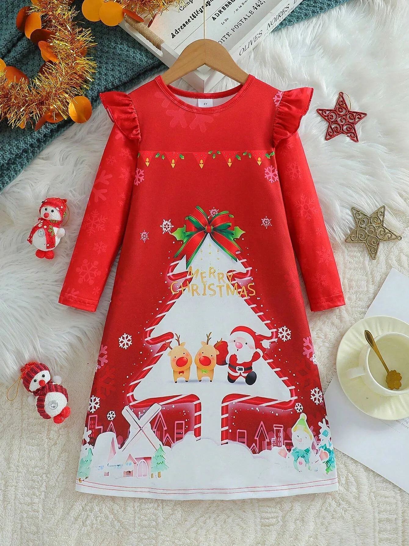 2024 Girls Toddler Cartoon Christmas Element Long Sleeve Dress Spring Autumn Young Girl Dress Rompers