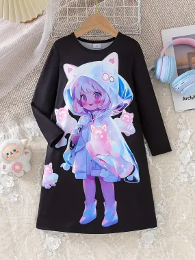 2024 Young Girl Cartoon Cute Kitty Print Long Sleeve Dress, Spring And Autumn Children Clothing