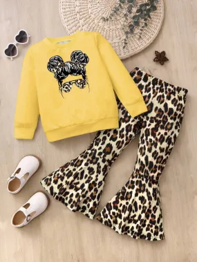 2pcs Cartoon Girl Print Crew Neck Long Sleeve Sweatshirt & Leopard Bell-Bottom Pants Casual Suit, Autumn