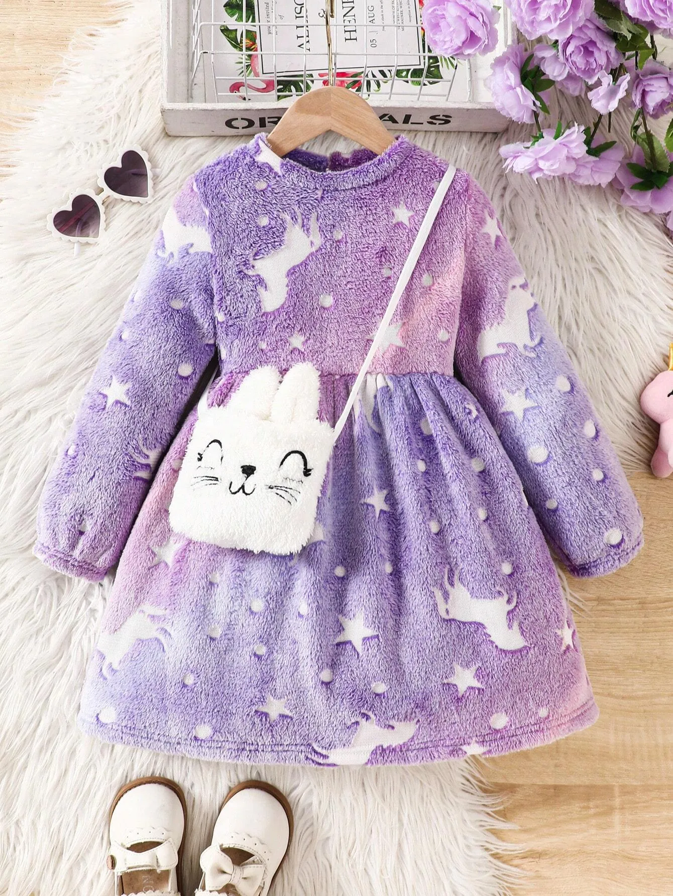 2pcs Girls And Toddler Girls Reversible Fleece Crew Neck Unicorn Print Dress, Suitable For Casual Everyday Wear In Autumn/Winter