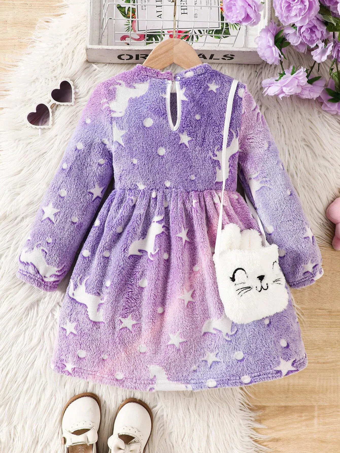 2pcs Girls And Toddler Girls Reversible Fleece Crew Neck Unicorn Print Dress, Suitable For Casual Everyday Wear In Autumn/Winter