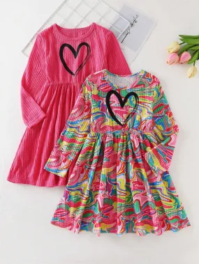 2pcs Girls Colorful Graphic Print Crew Neck Long Sleeve Dress, Solid Color Heart Print Long Sleeve Dress