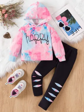 2pcs Girls Fashion Tie Dye Letter Print Hooded Sweatshirt   Slim Fit Pants Set