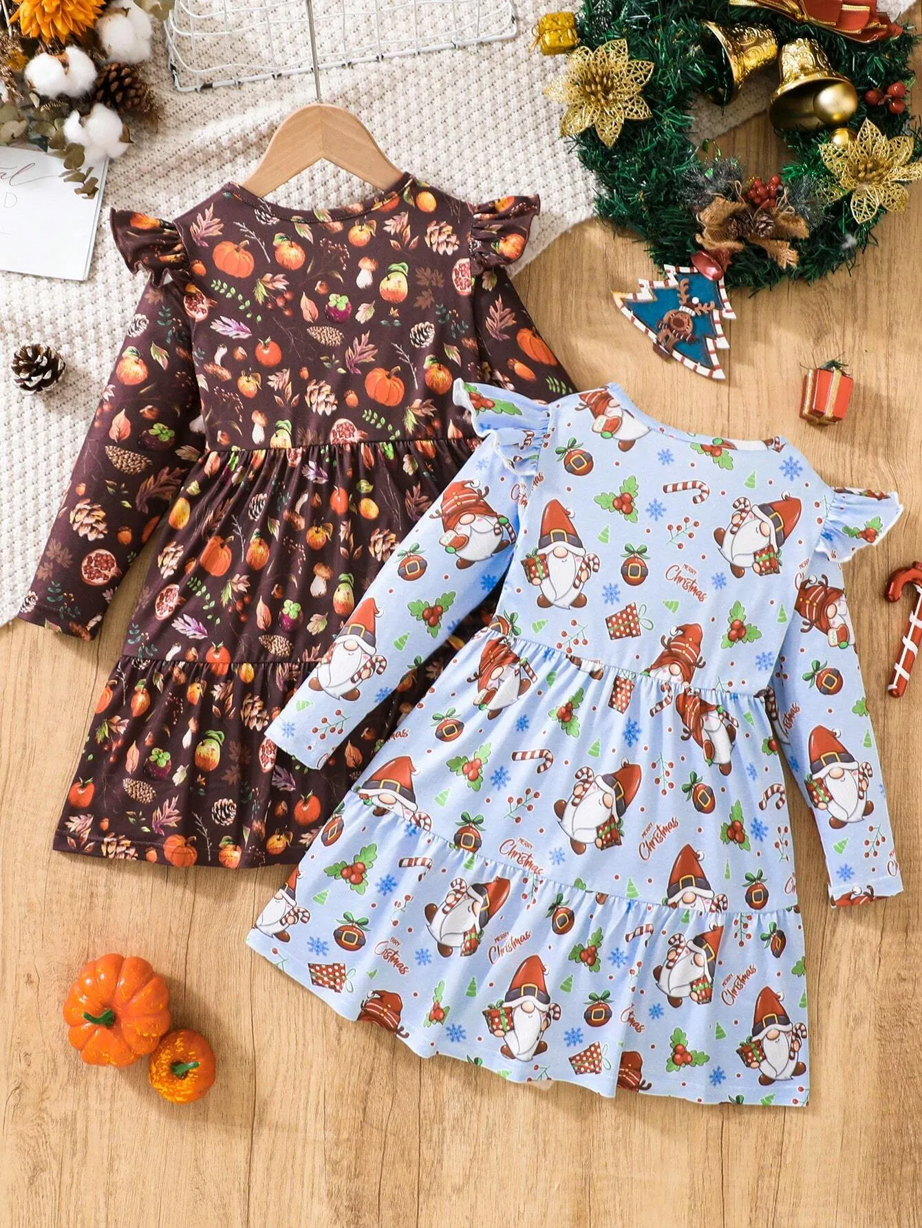 2pcs Girls Thanksgiving   Christmas Lovely Print Cap Sleeve Dress Set