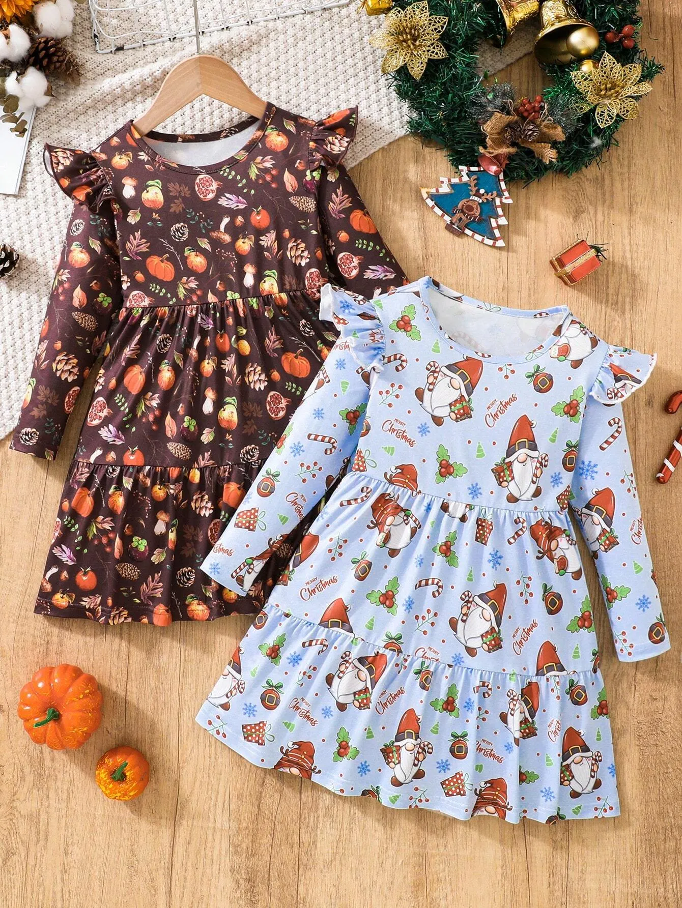 2pcs Girls Thanksgiving   Christmas Lovely Print Cap Sleeve Dress Set