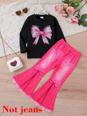 2pcs Set Girls Casual "You Are What You Love, Do More Of Your Favourite Thing" Letter & Bow Pattern Soft Knit Long Sleeve Top & Flare Jeans Pants Outfit, Autumn/Winter