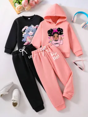 2pcs Toddler Cartoon Print Warm Crew Neck Sweatshirt And Hooded Sweatshirt With Sports Pants Set