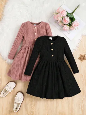 2pcs Young Girl Knitted Solid Color Crew Neck Fitted Casual Dress Set