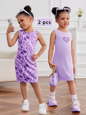 2pcs Young Girl's Knit Solid Heart Pattern Round Neck Sleeveless Fitted Casual Dress Set