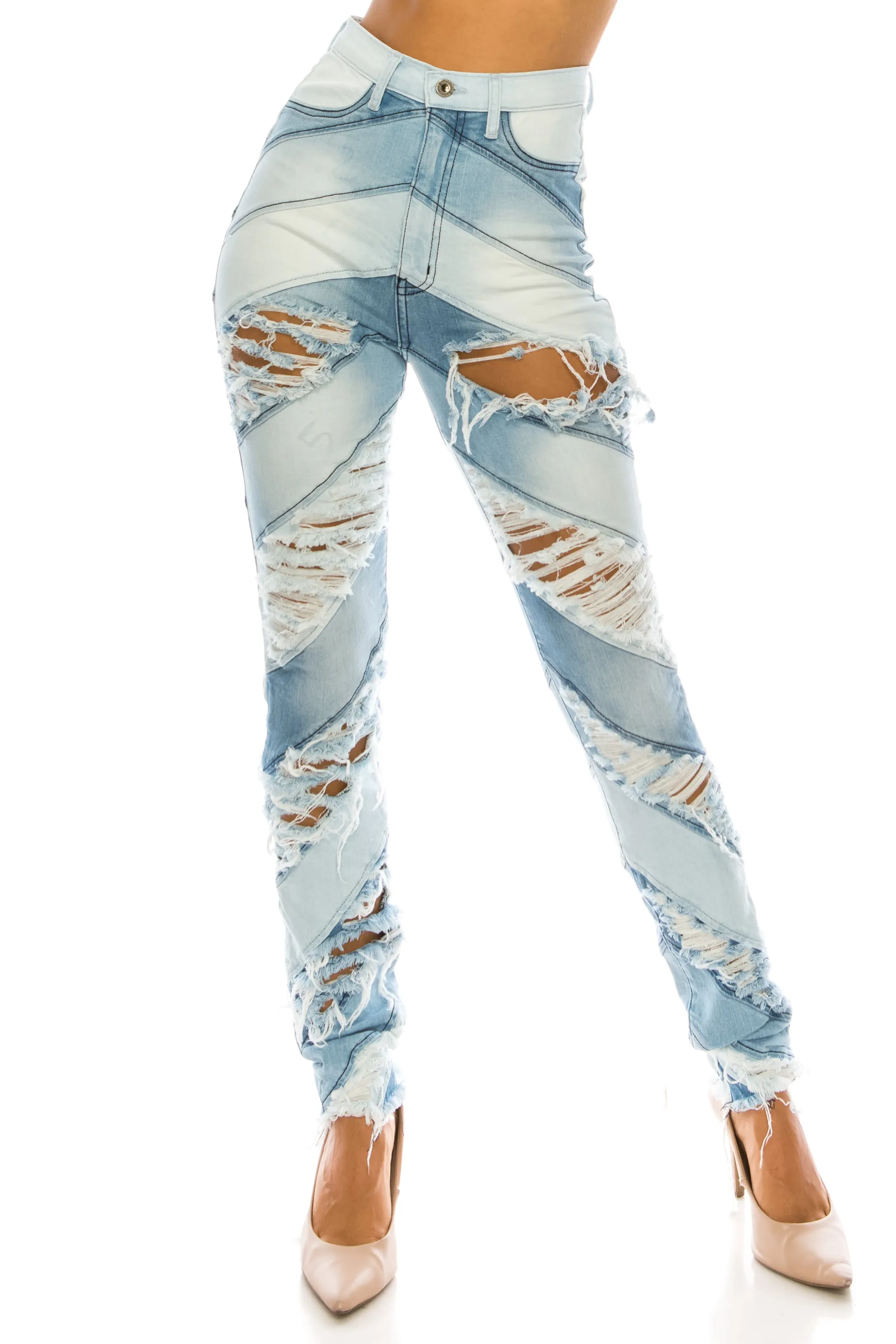 40001 Women's Super High Waisted Color Block Patched Distressed Skinny Jeans