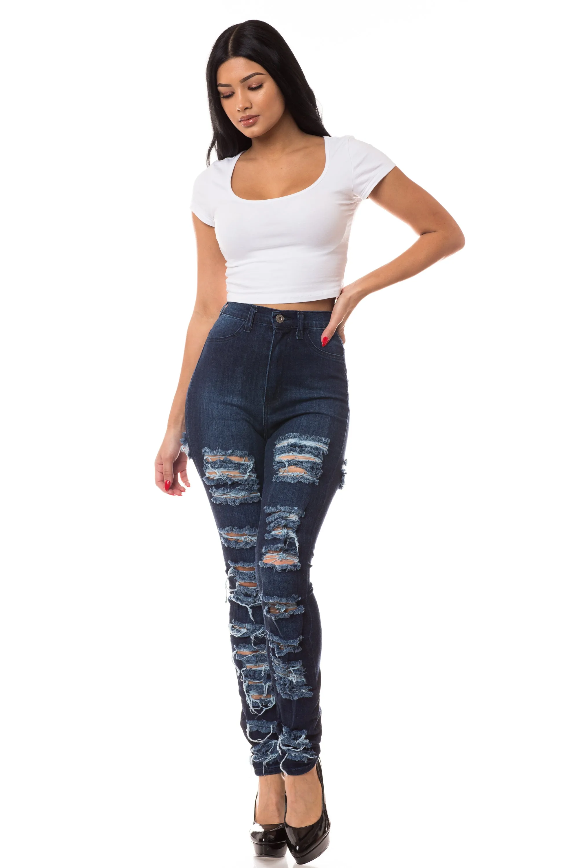 4251 Super High Waisted Distressed Skinny Jeans