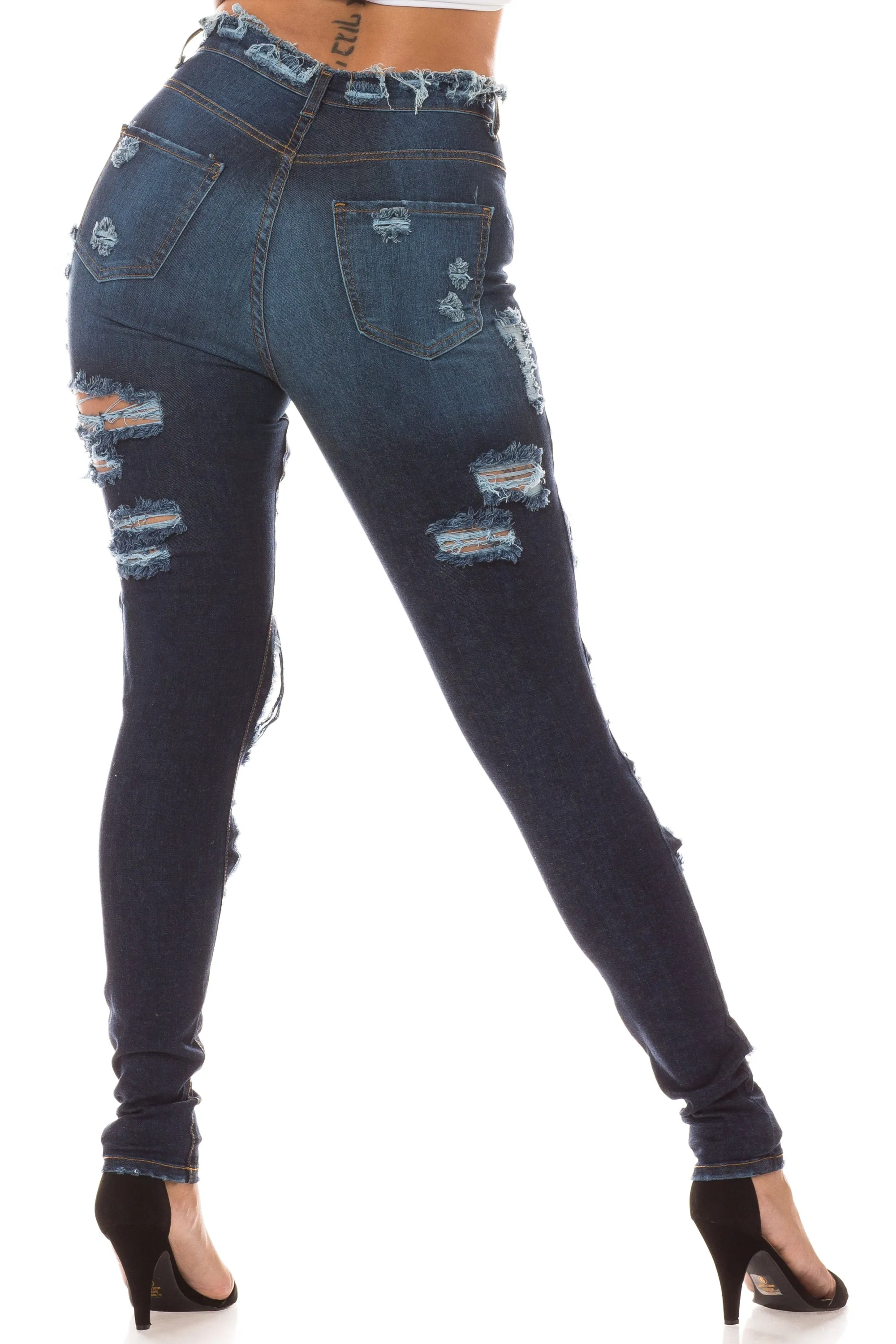 4309 Women's High Waisted Distressed Skinny Jeans with Cut Outs