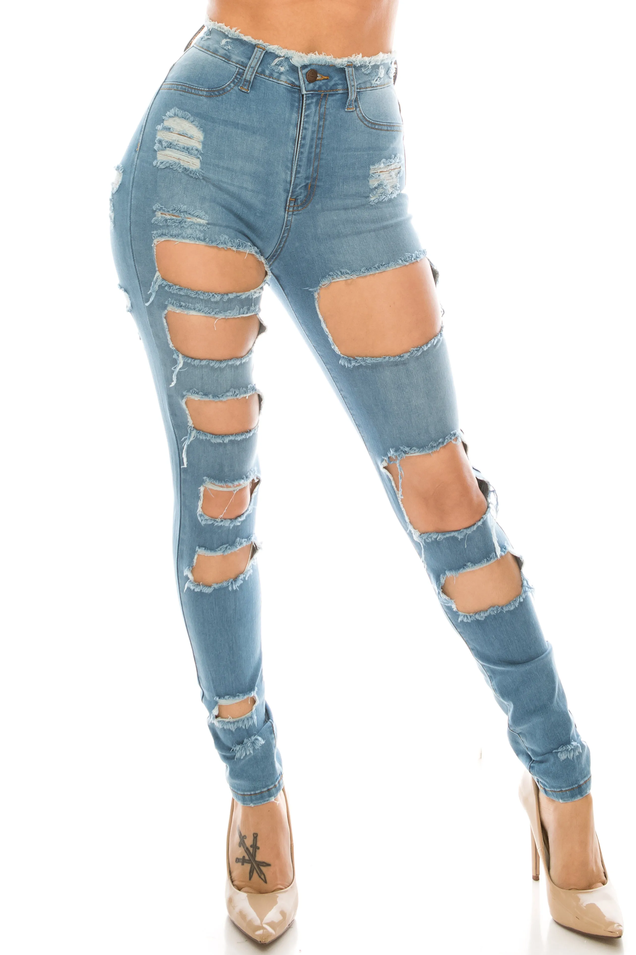 4309 Women's High Waisted Distressed Skinny Jeans with Cut Outs