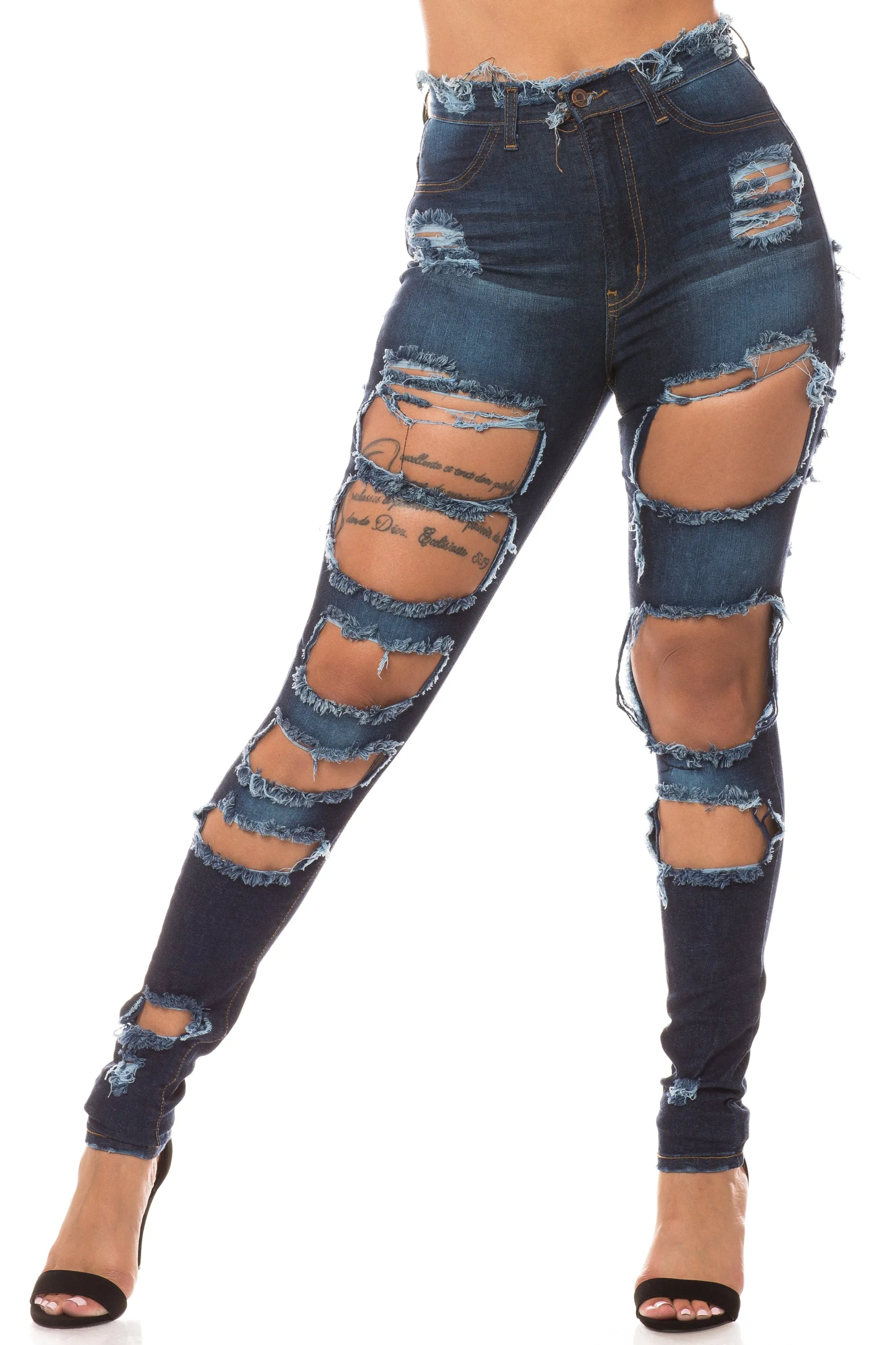 4309 Women's High Waisted Distressed Skinny Jeans with Cut Outs