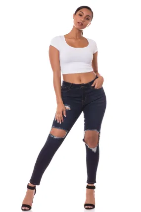 4408 Women's Mid Waisted Distressed Skinny Jeans with Cut Outs