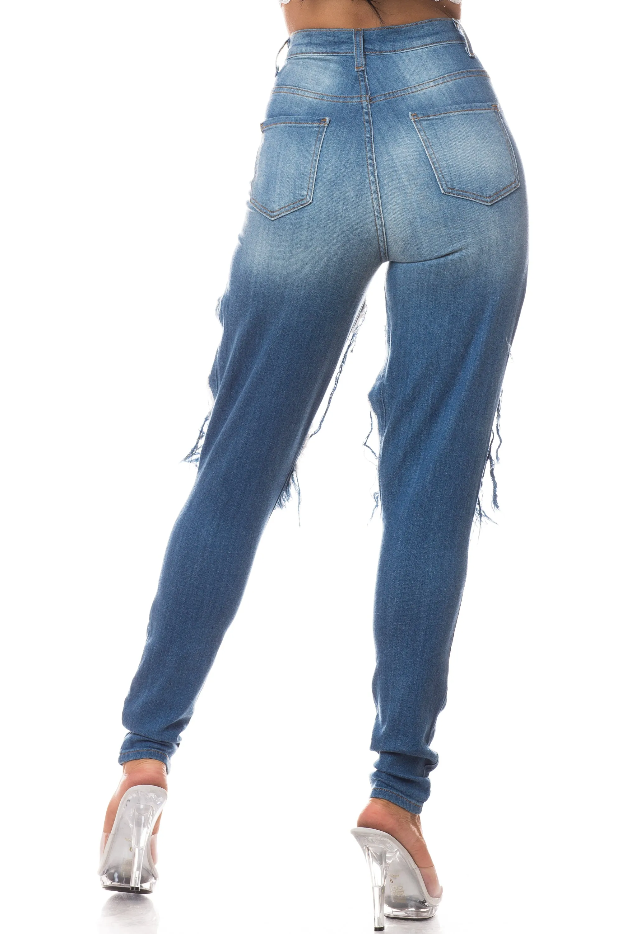 4452 Women's High Waisted Distressed Skinny Jeans with Cut Outs