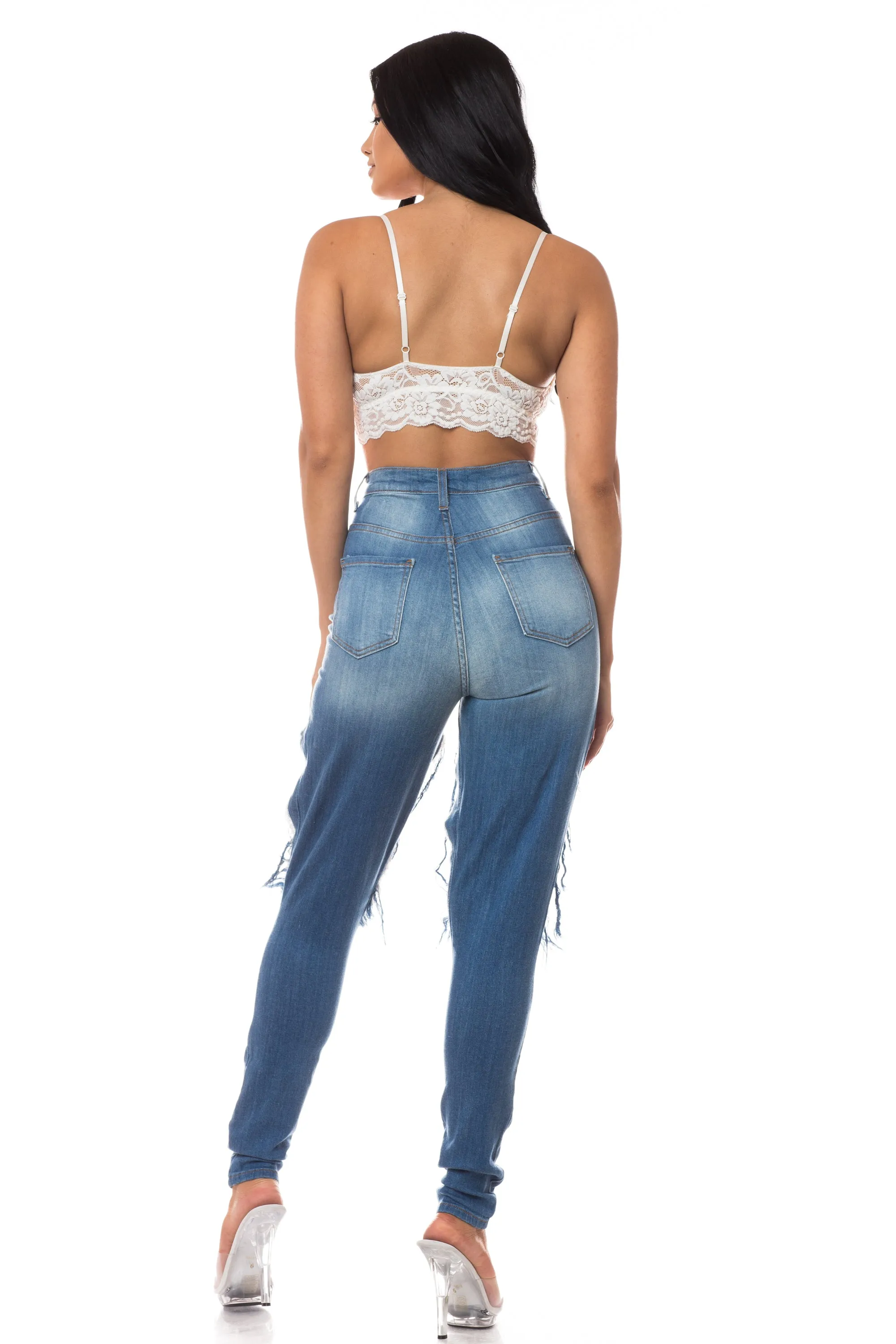 4452 Women's High Waisted Distressed Skinny Jeans with Cut Outs