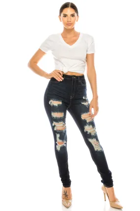 4525 Women's Super High Waisted Distressed Skinny Jeans