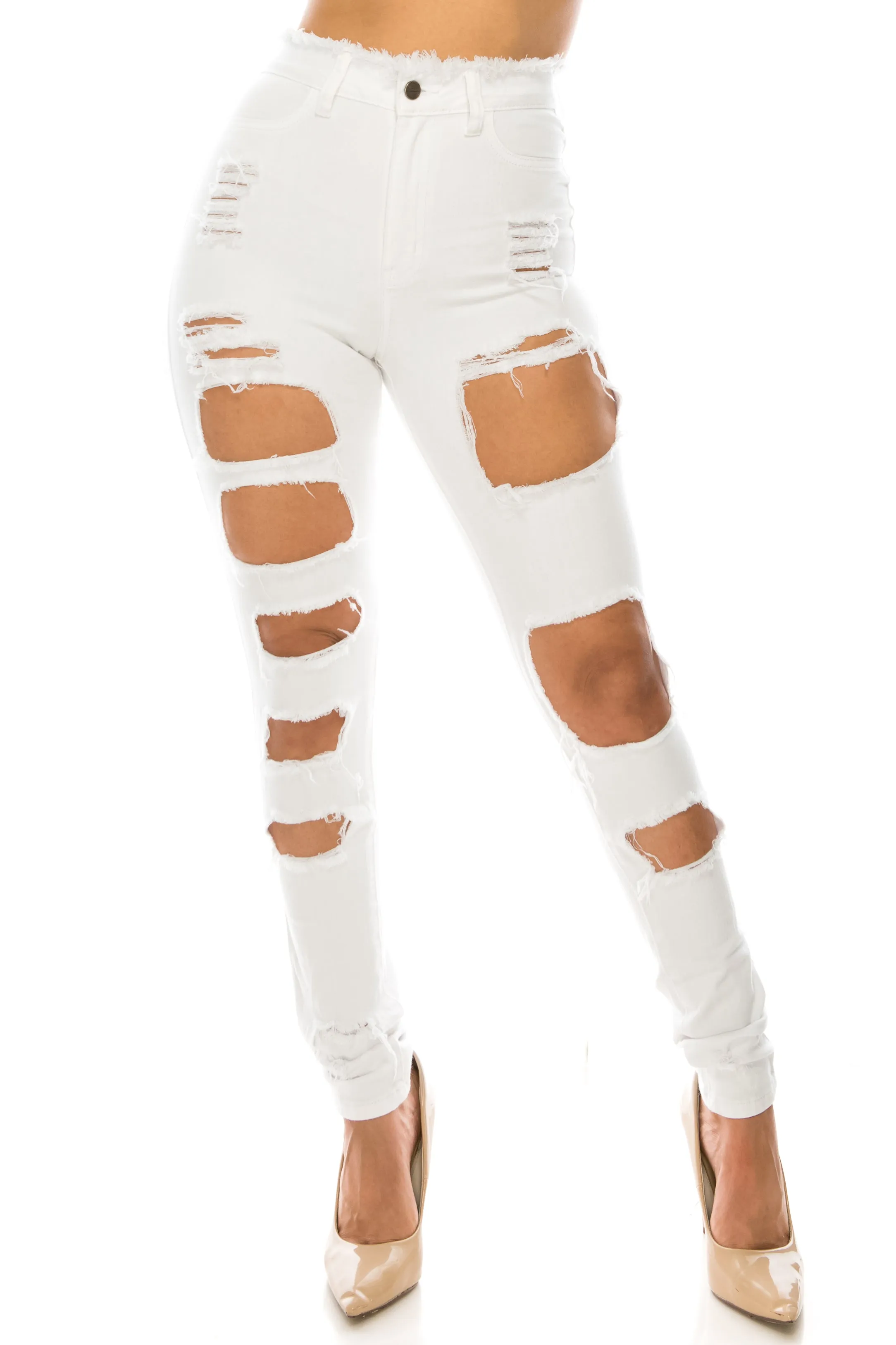 4776 Women's High Waisted Distressed Skinny Jeans with Cut Outs