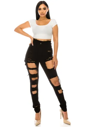 4776 Women's High Waisted Distressed Skinny Jeans with Cut Outs