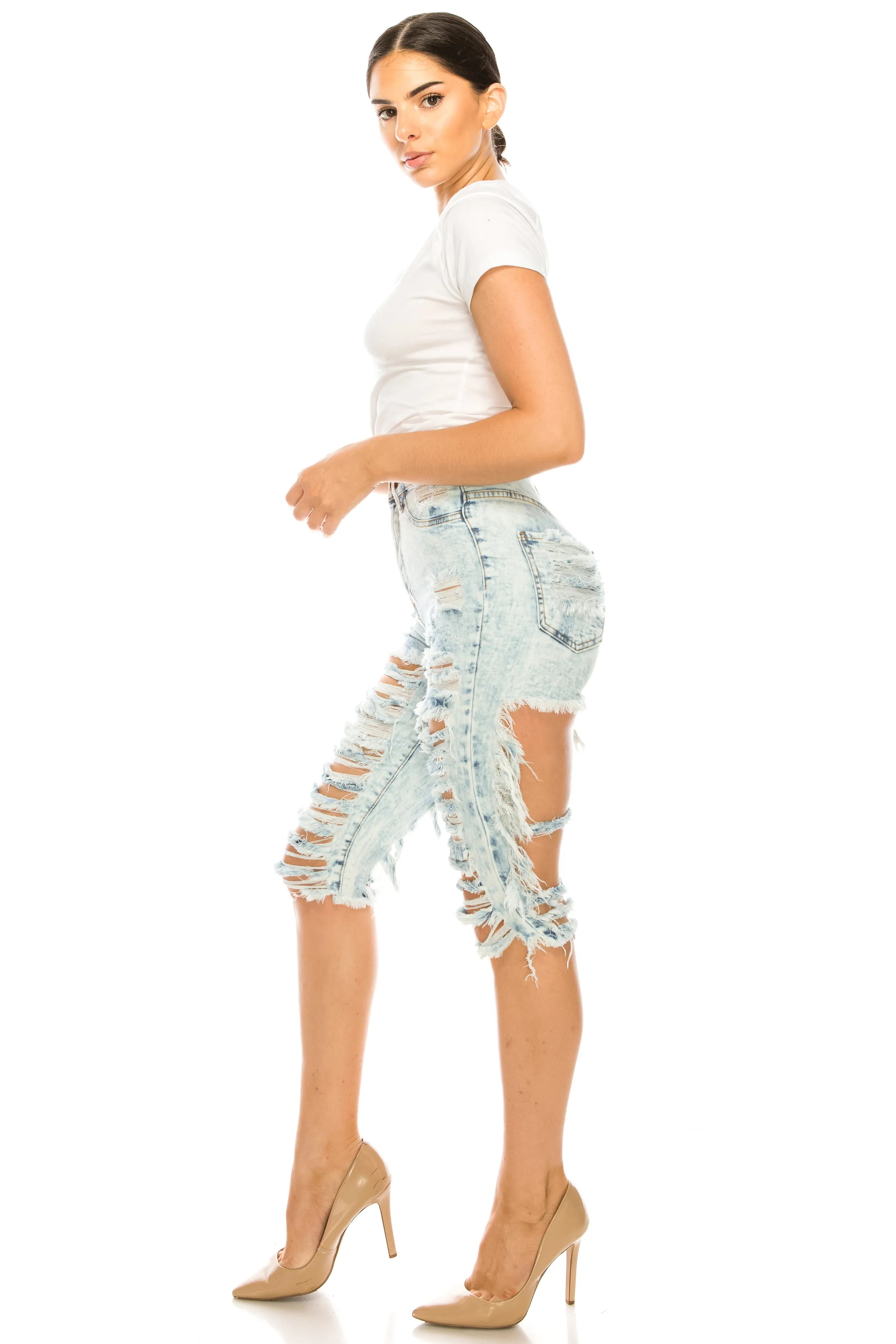 7067 Women's High Waisted Distressed Bermuda Shorts with Cut Outs