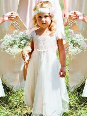 A-line Lace Top Short Sleeves Long Tulle Flower Girl Dresses, FG0152