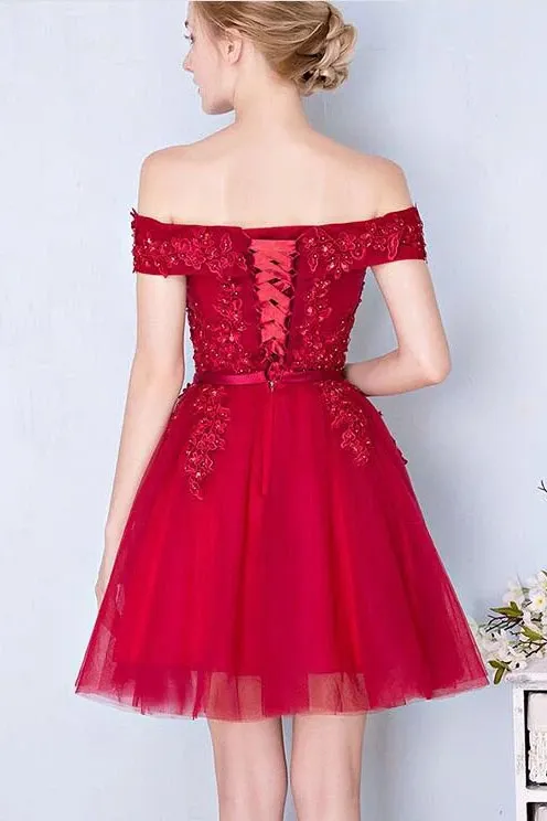 A-line Off-shoulder Burgundy Appliques Beading Tulle Homecoming Dresses, HD0554