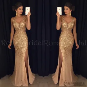 Amazing Floor-length Sexy Deep V-neck Beading evening dresses, Slits in front long prom dresses, PD0493