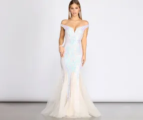 Andrina Iridescent Sequin & Graceful Tulle Off Shoulder Mermaid Dress