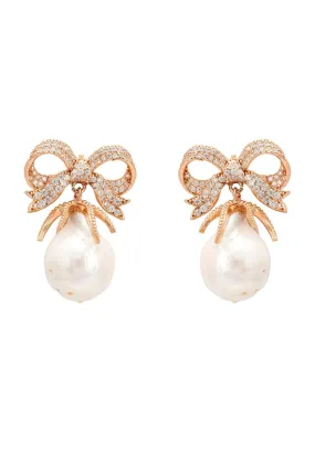 Baroque Pearl Ribbon And Bows Drop Earrings Rosegold