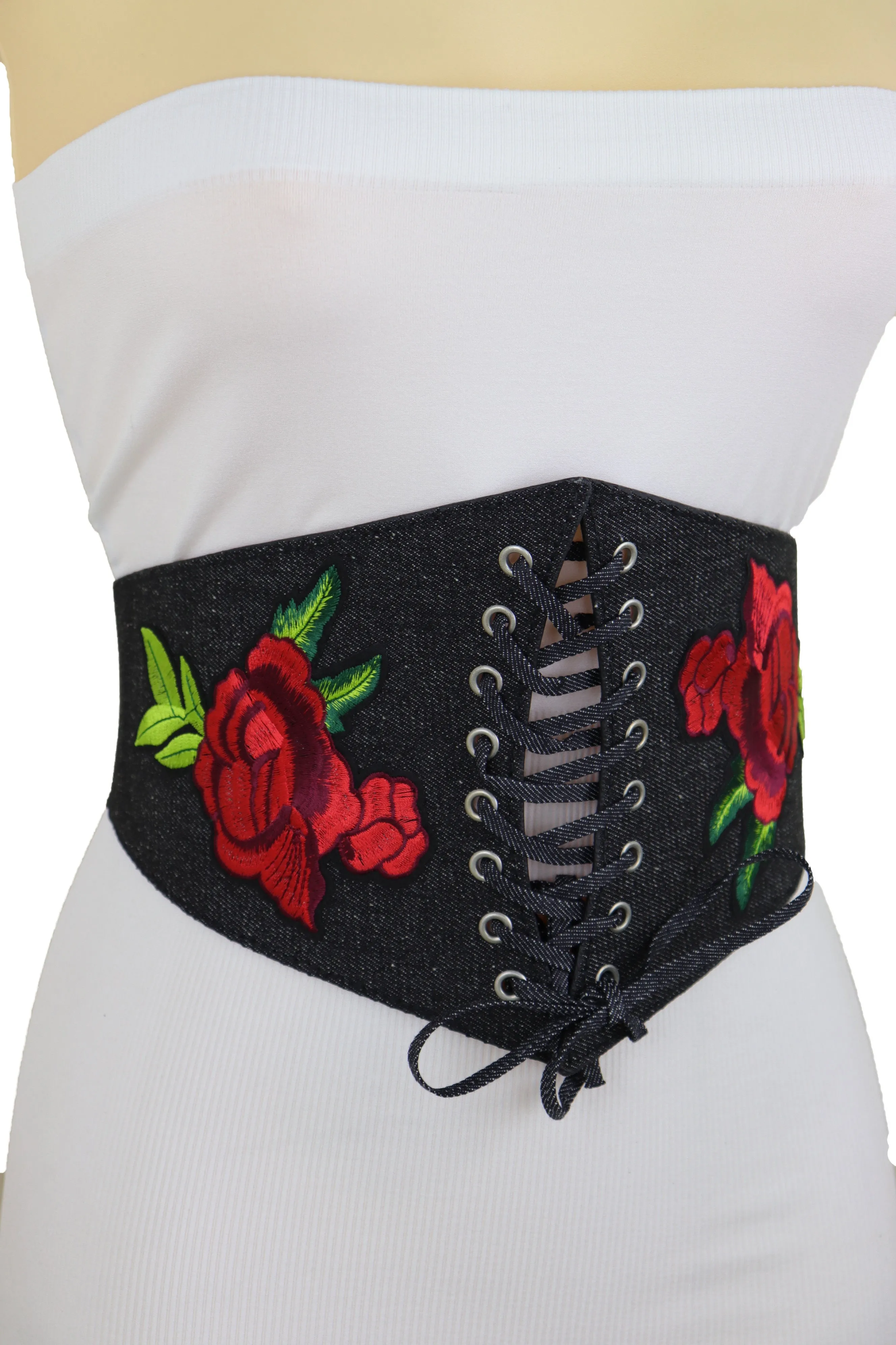 Black Denim High Waist Corset Elastic Band Belt Red Rose Flower Size S M