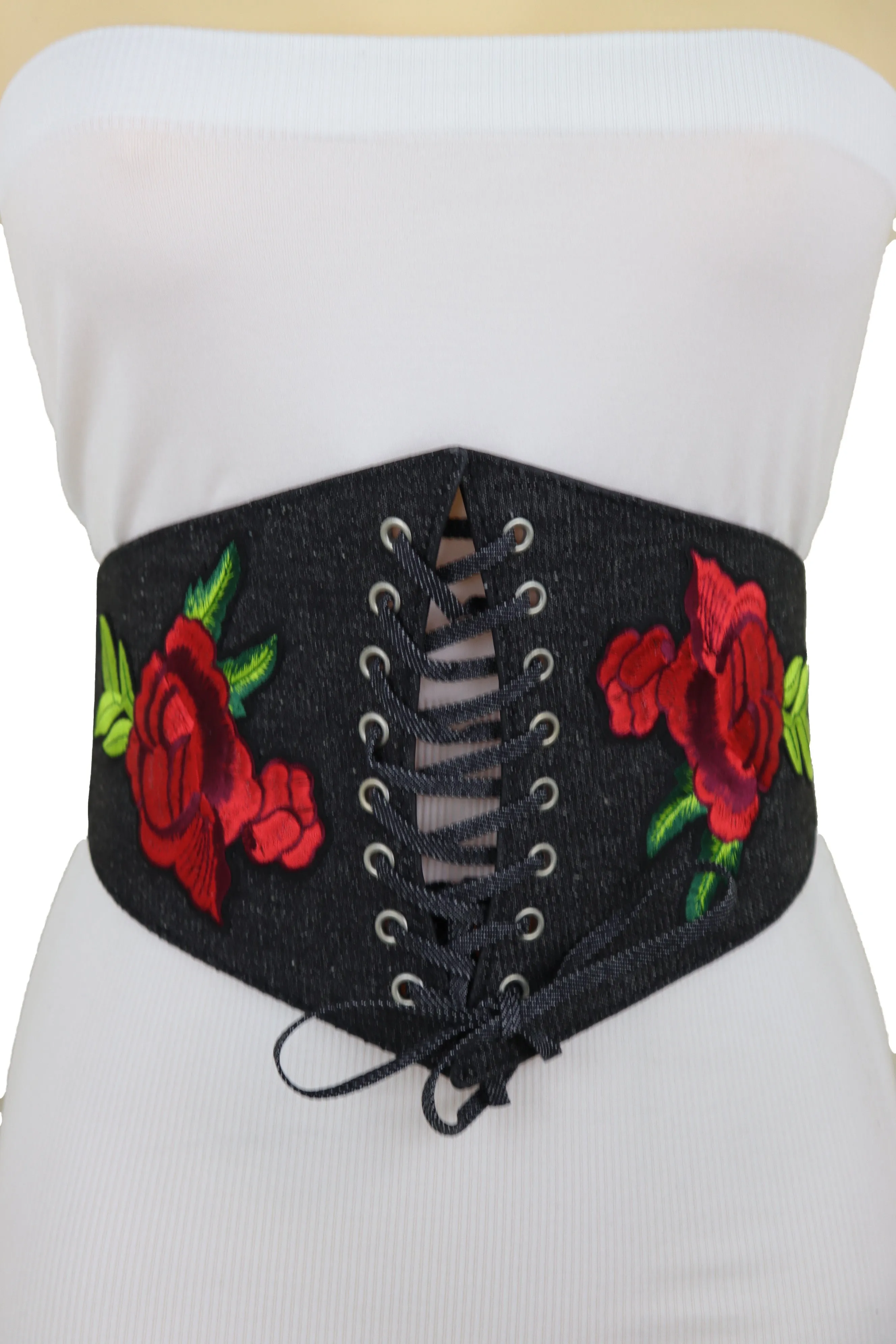 Black Denim High Waist Corset Elastic Band Belt Red Rose Flower Size S M