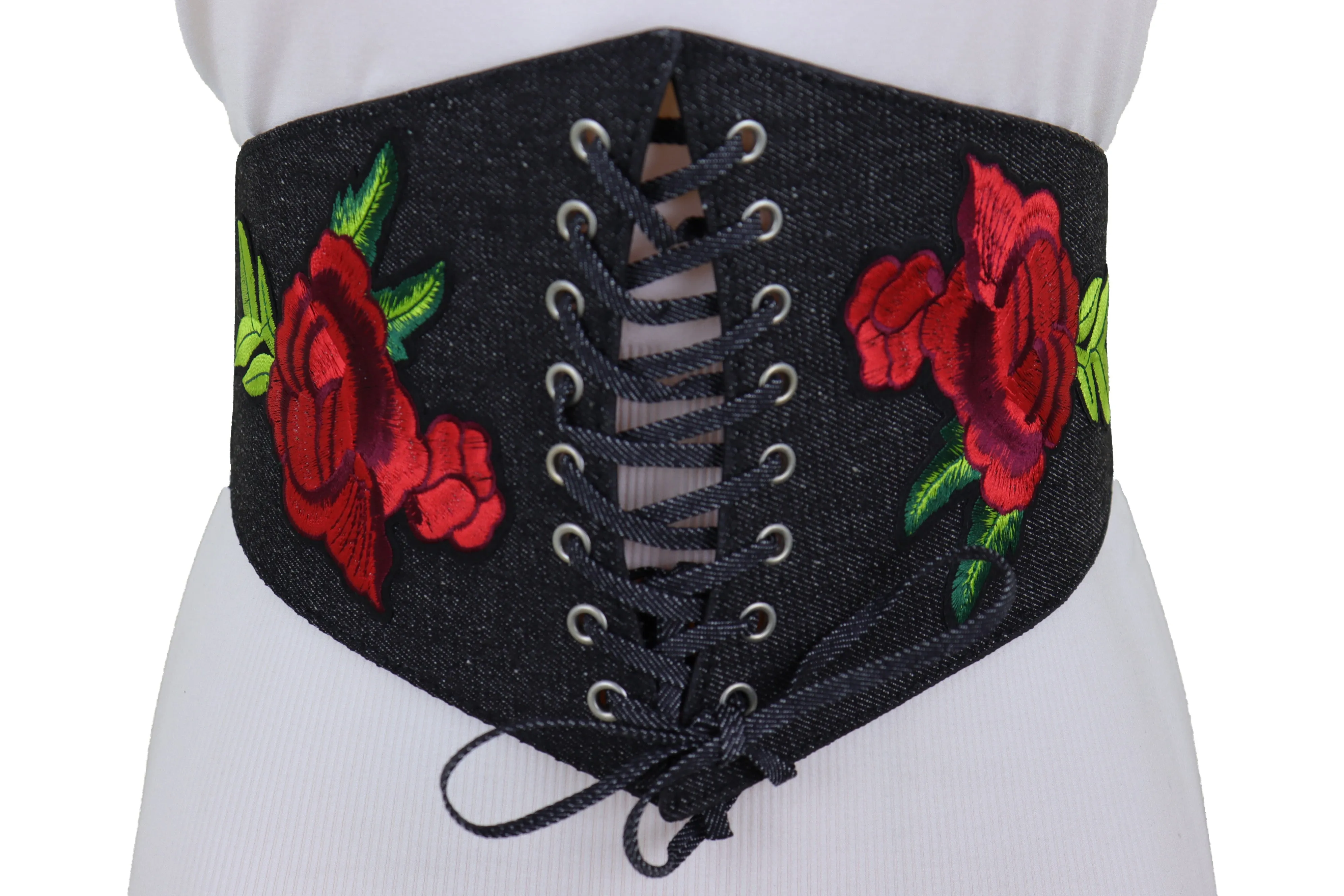 Black Denim High Waist Corset Elastic Band Belt Red Rose Flower Size S M