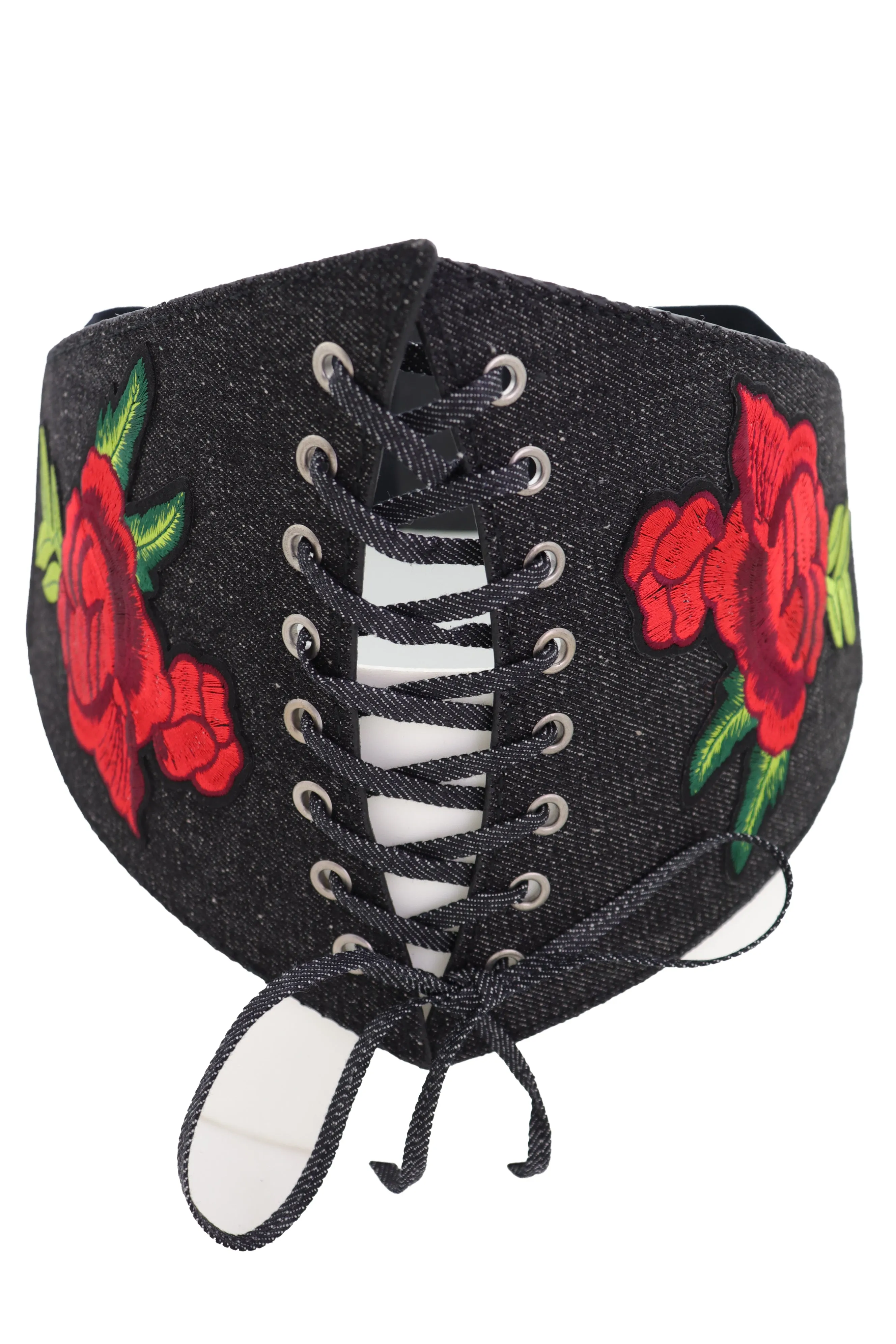 Black Denim High Waist Corset Elastic Band Belt Red Rose Flower Size S M