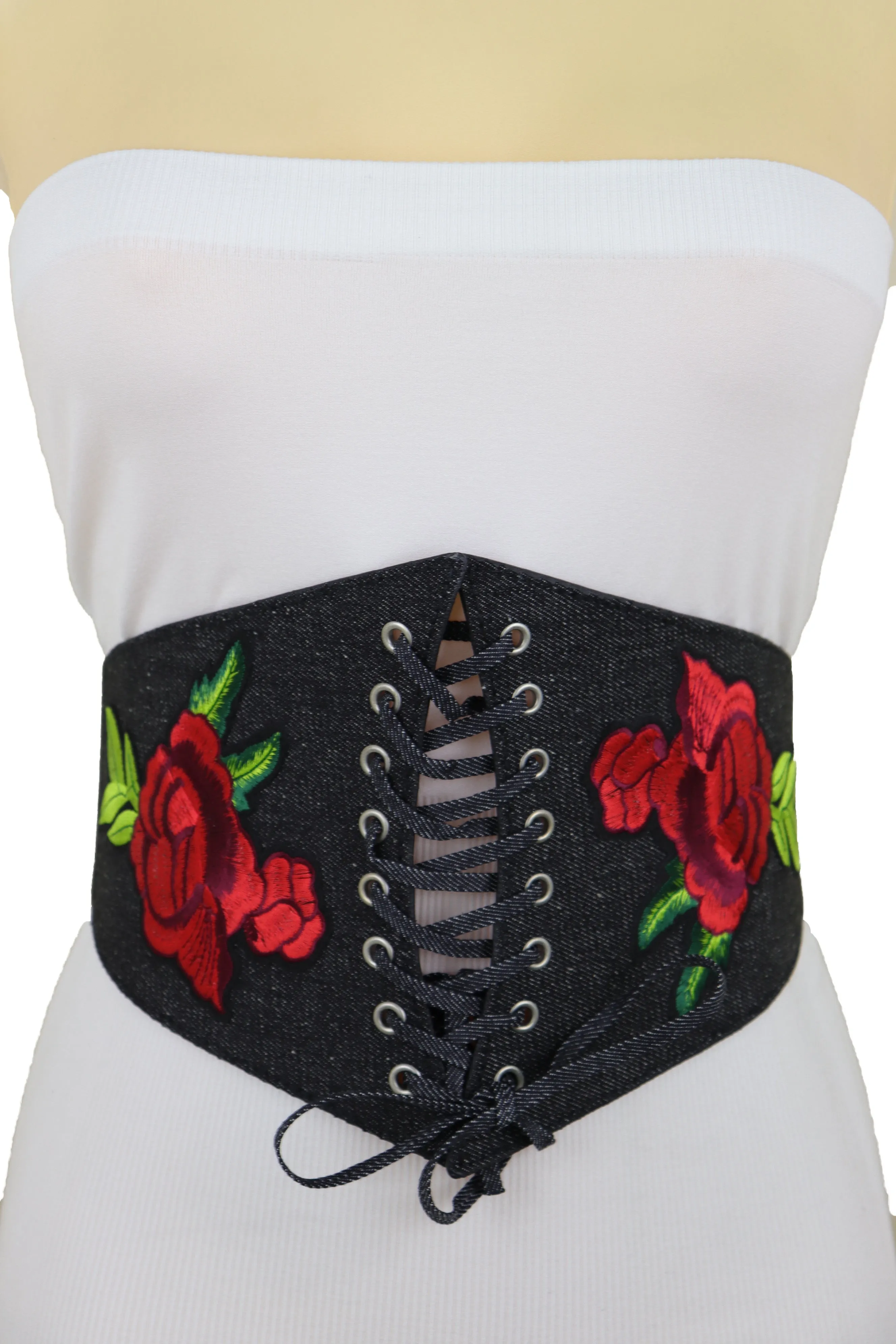 Black Denim High Waist Corset Elastic Band Belt Red Rose Flower Size S M