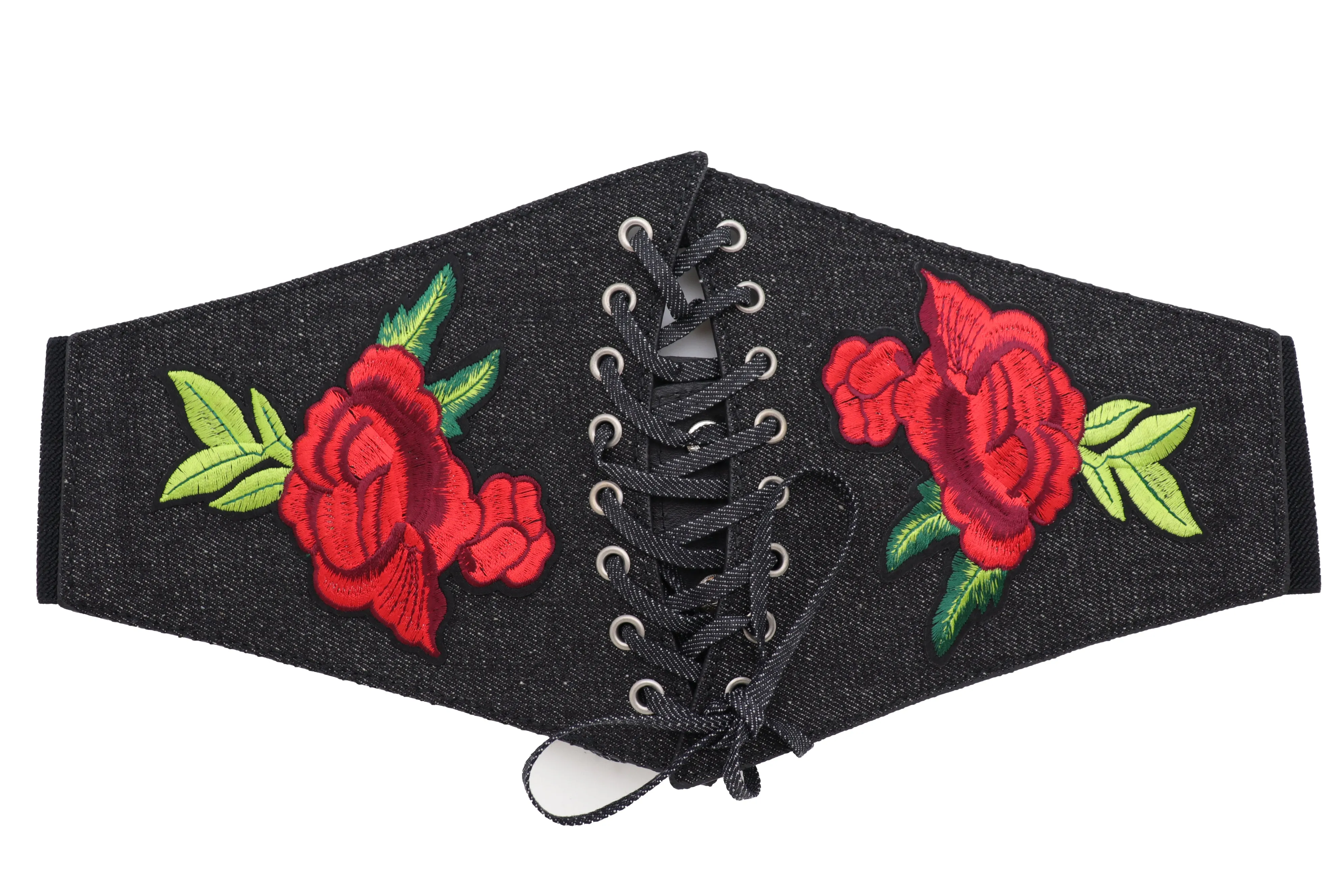 Black Denim High Waist Corset Elastic Band Belt Red Rose Flower Size S M