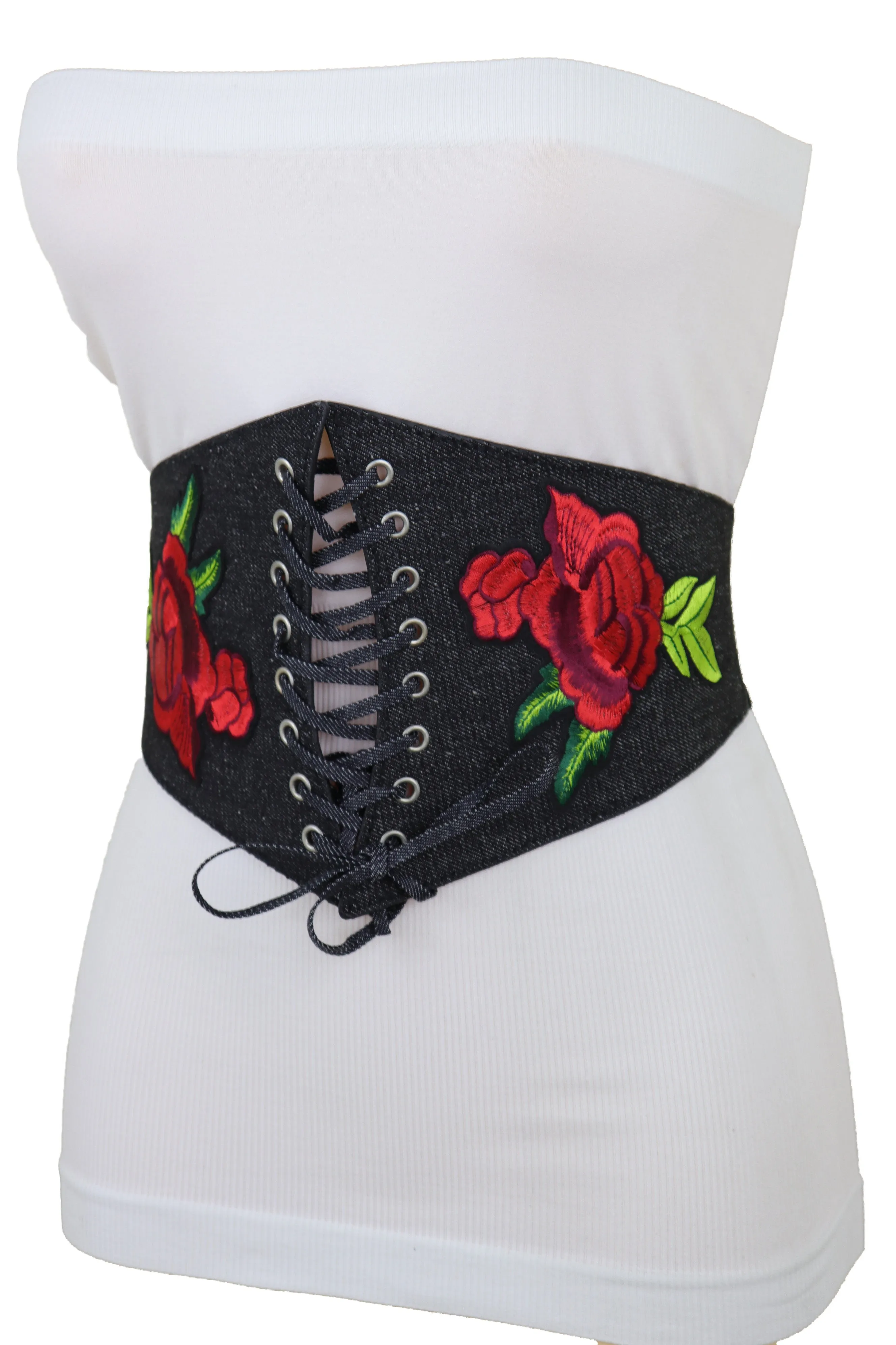 Black Denim High Waist Corset Elastic Band Belt Red Rose Flower Size S M