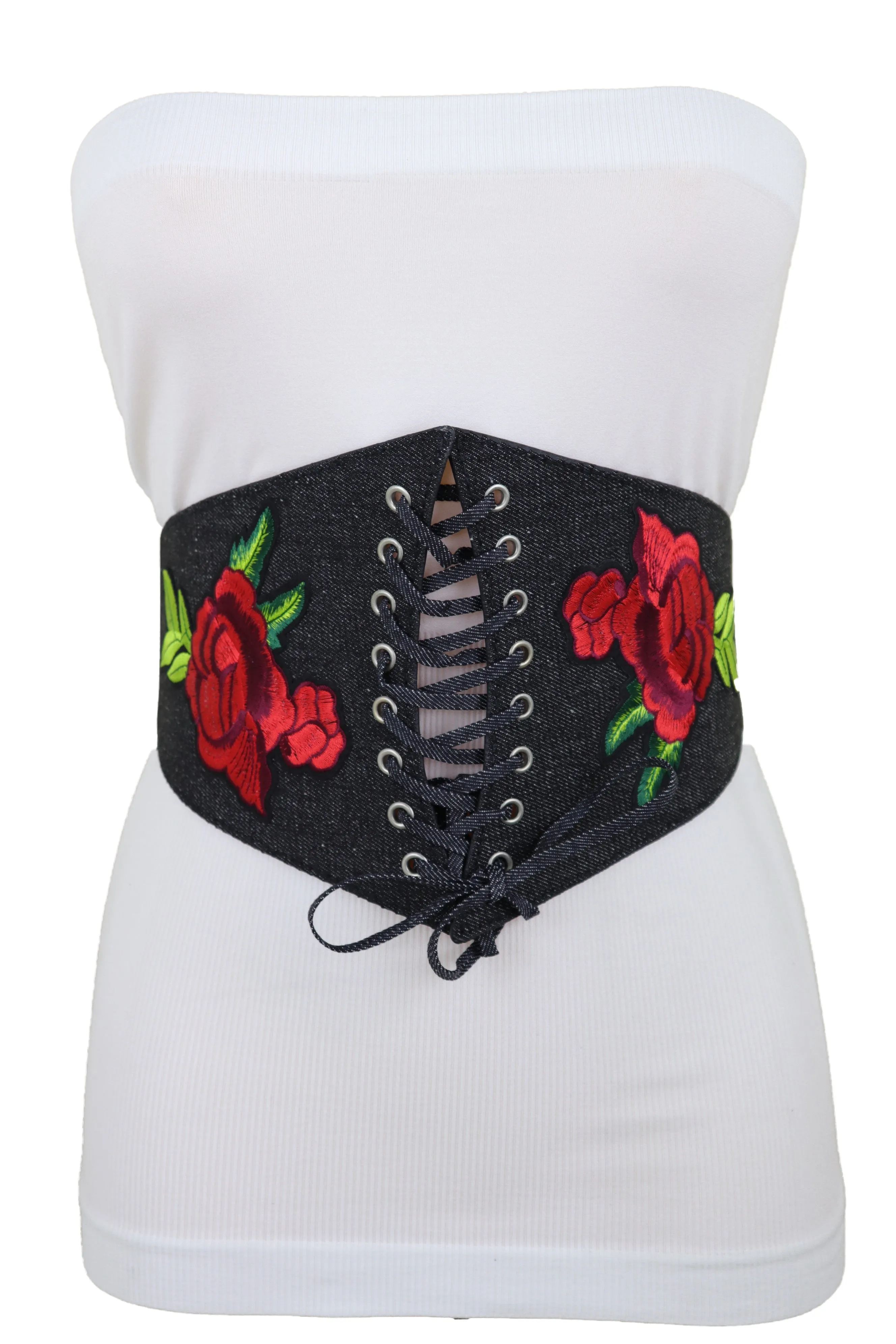 Black Denim High Waist Corset Elastic Band Belt Red Rose Flower Size S M