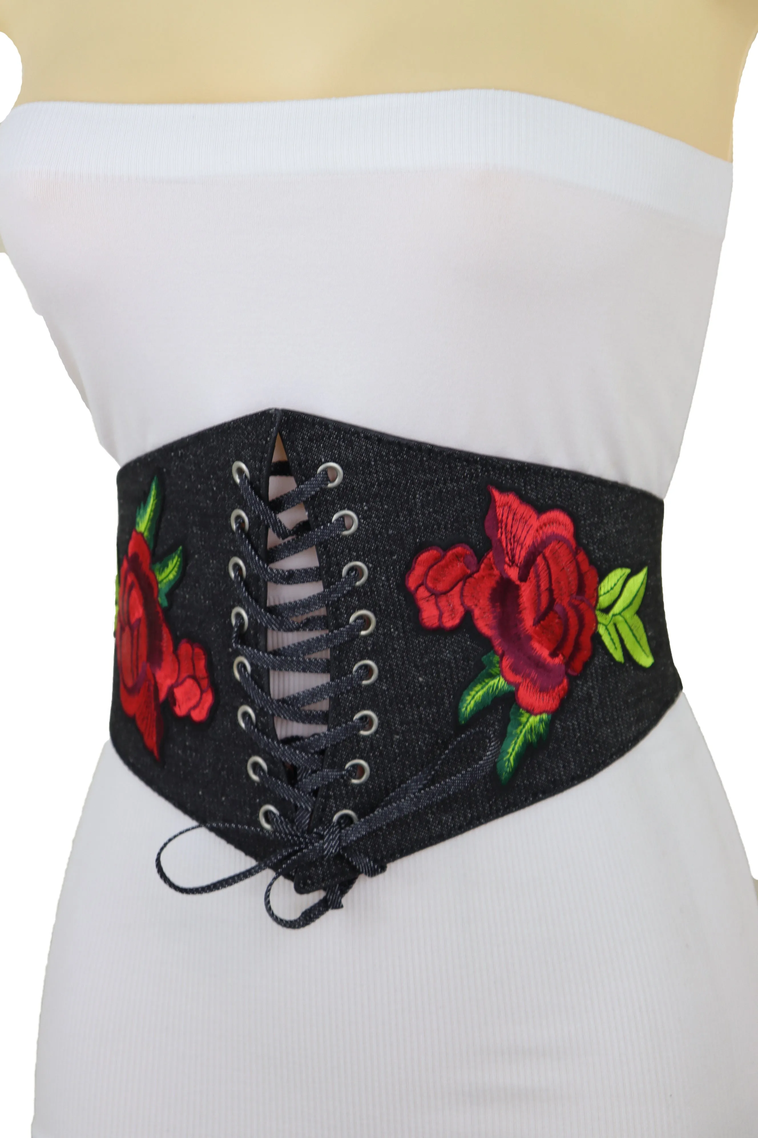 Black Denim High Waist Corset Elastic Band Belt Red Rose Flower Size S M