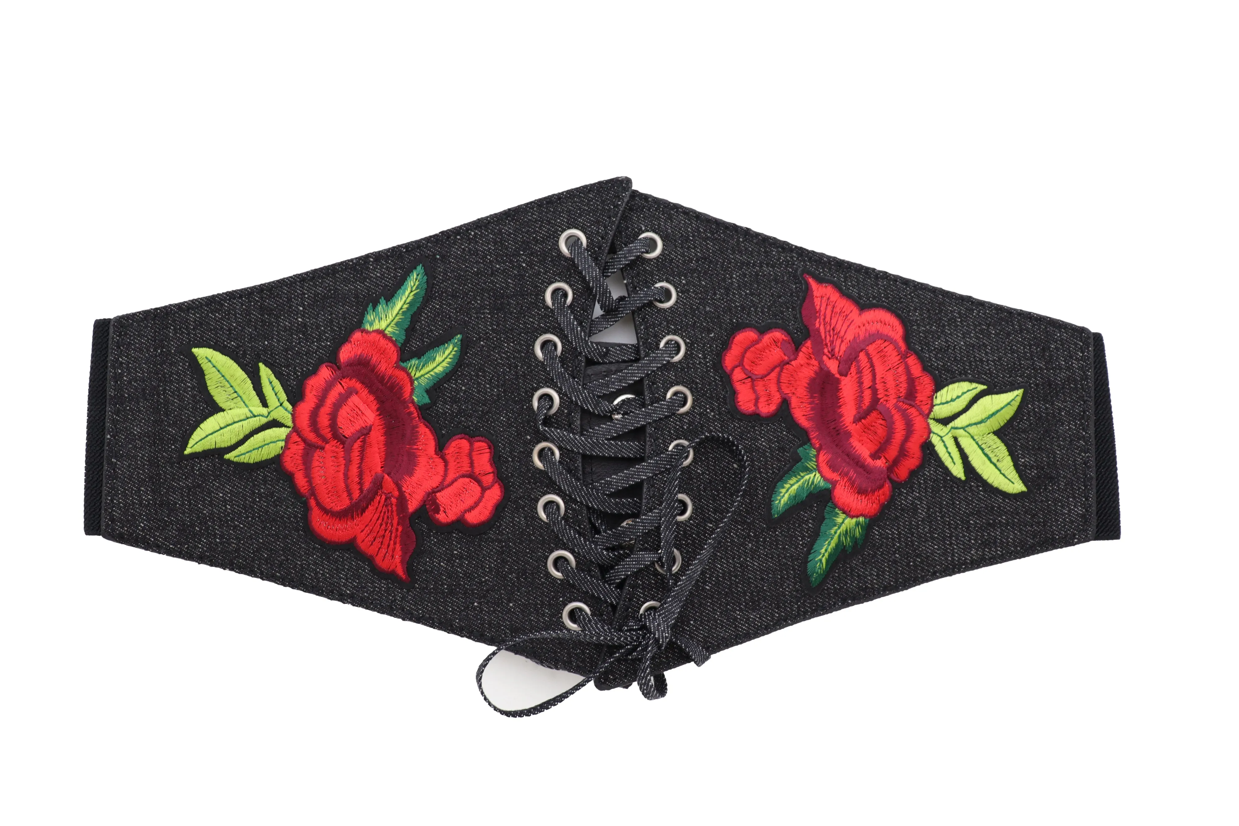 Black Denim High Waist Corset Elastic Band Belt Red Rose Flower Size S M