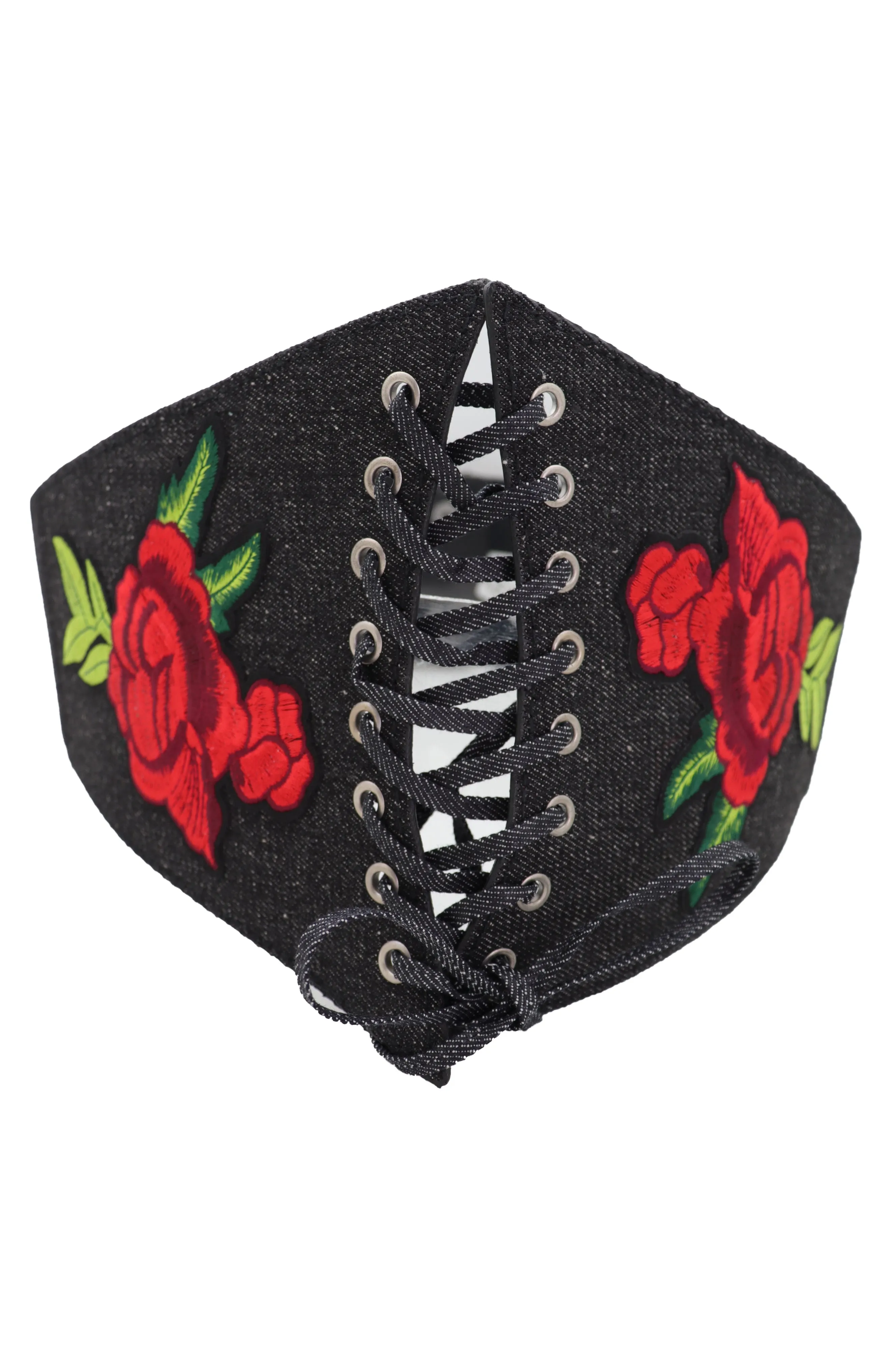 Black Denim High Waist Corset Elastic Band Belt Red Rose Flower Size S M