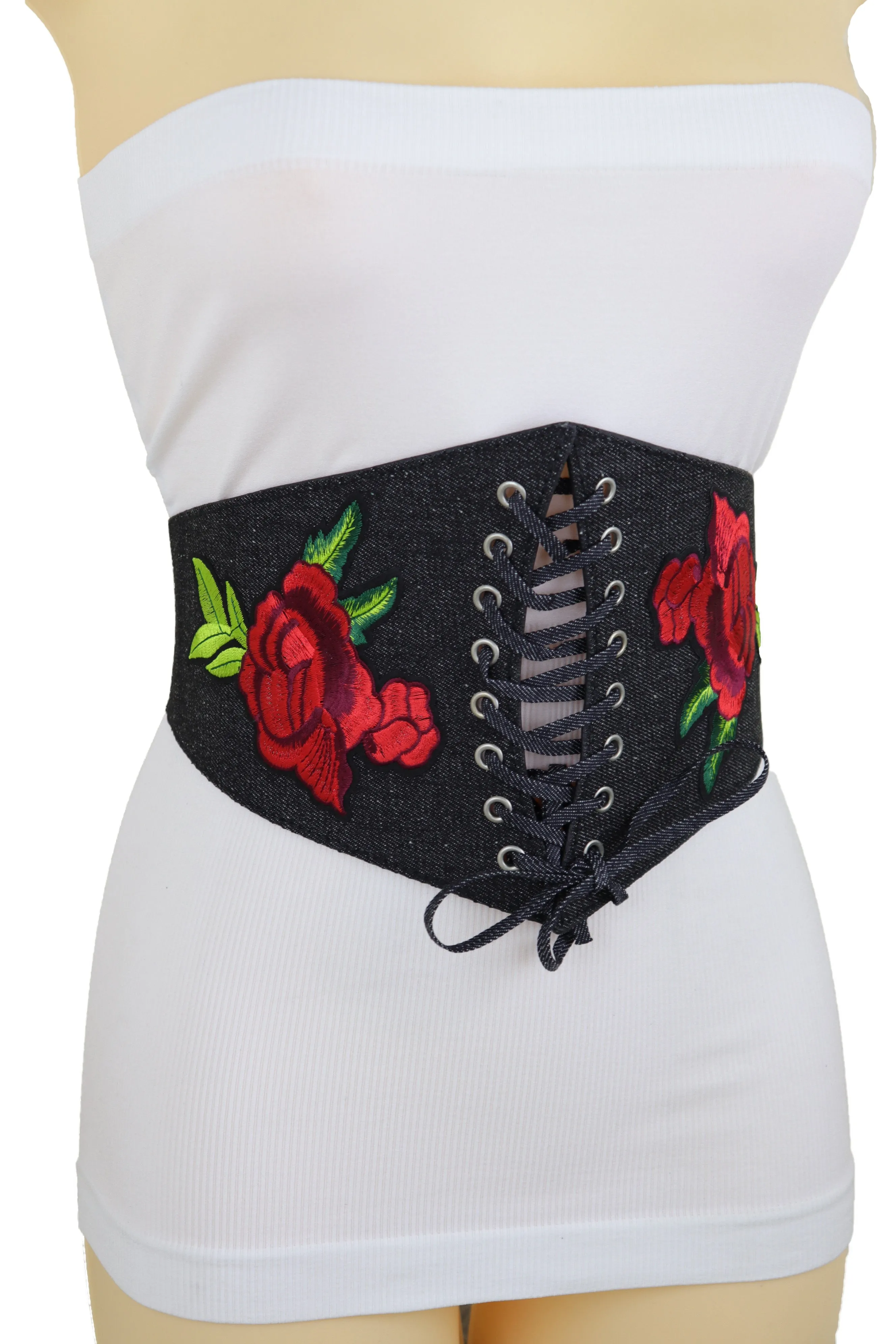 Black Denim High Waist Corset Elastic Band Belt Red Rose Flower Size S M