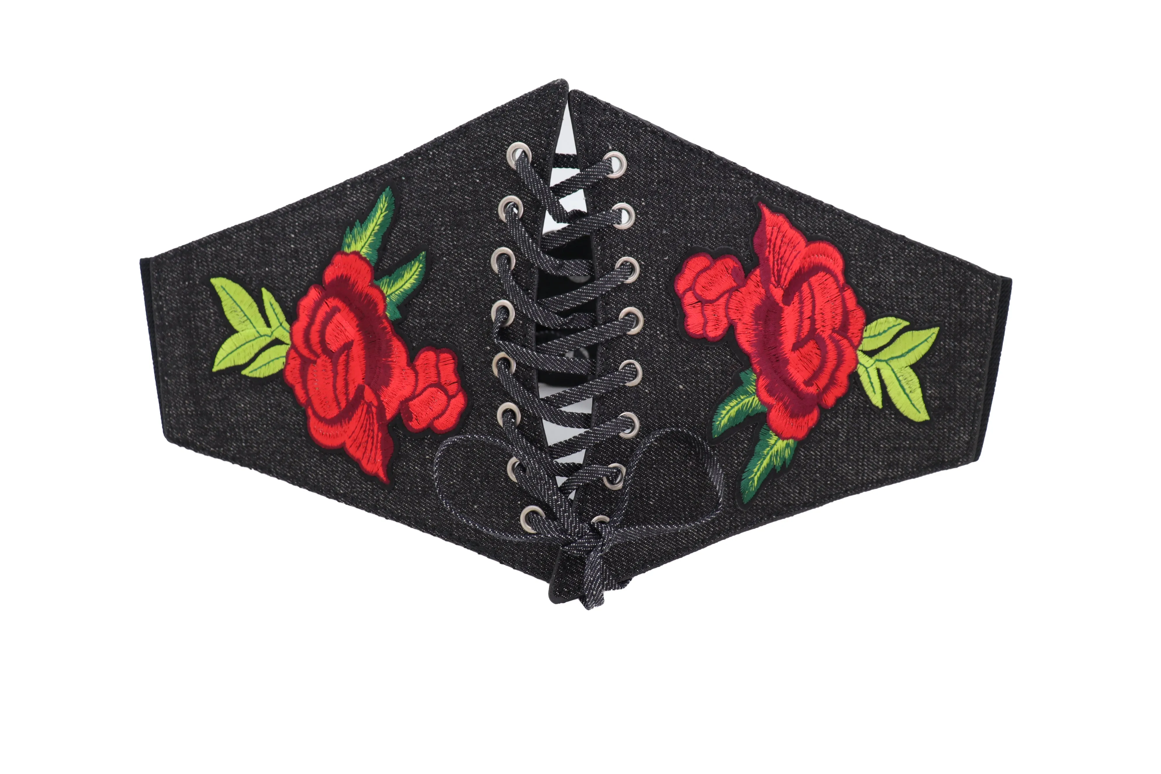 Black Denim High Waist Corset Elastic Band Belt Red Rose Flower Size S M