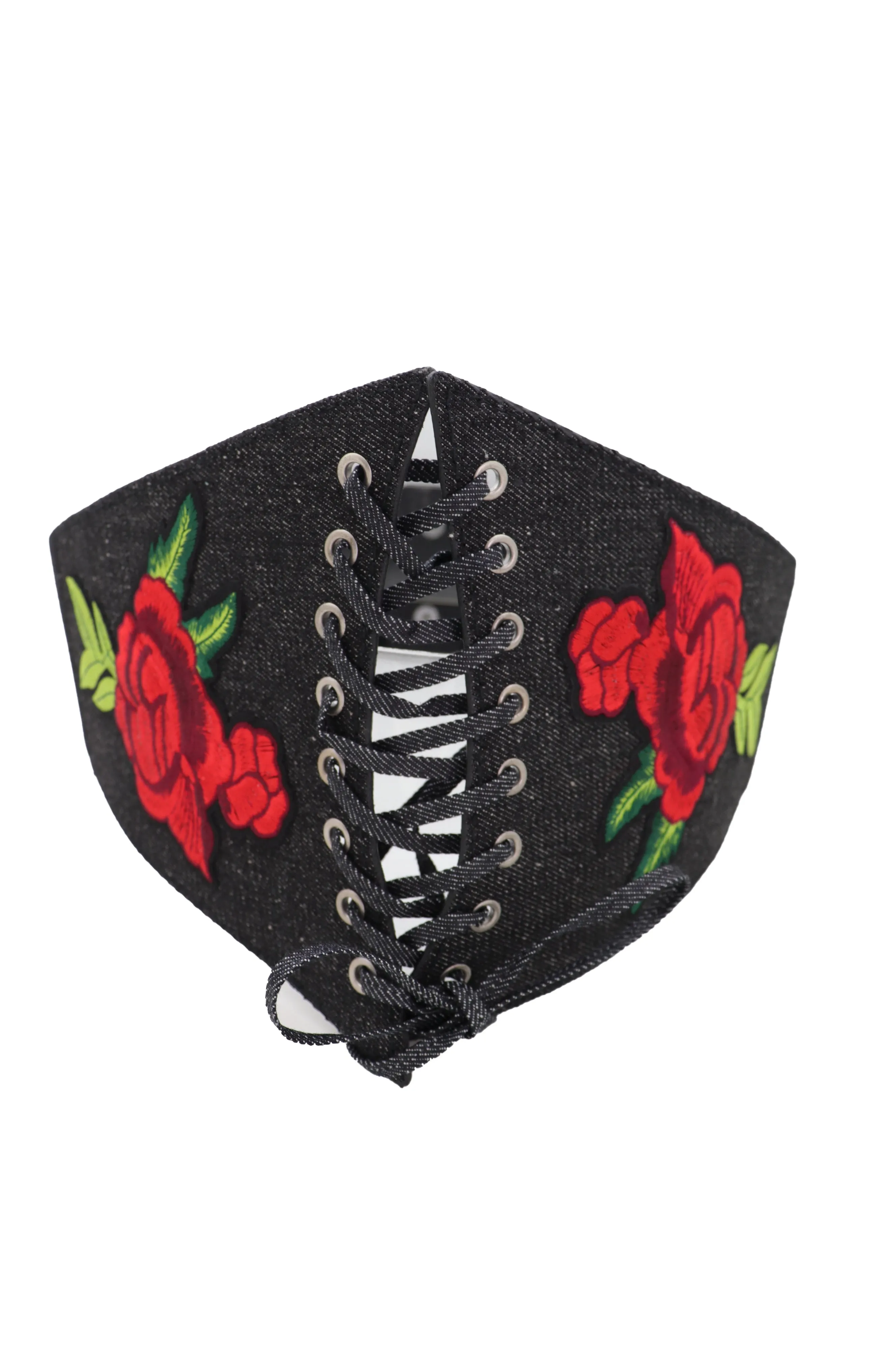 Black Denim High Waist Corset Elastic Band Belt Red Rose Flower Size S M